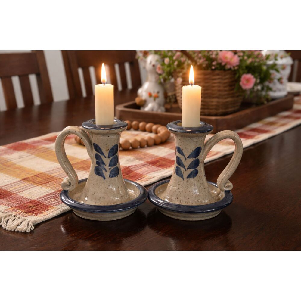 Vintage Salt Glazed Stoneware Candlestick Holders Set of 2 Blue Leaf 4" Signed